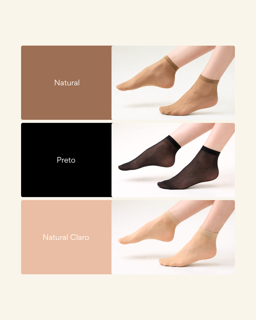 Meias nas cores natural, preto e natural claro