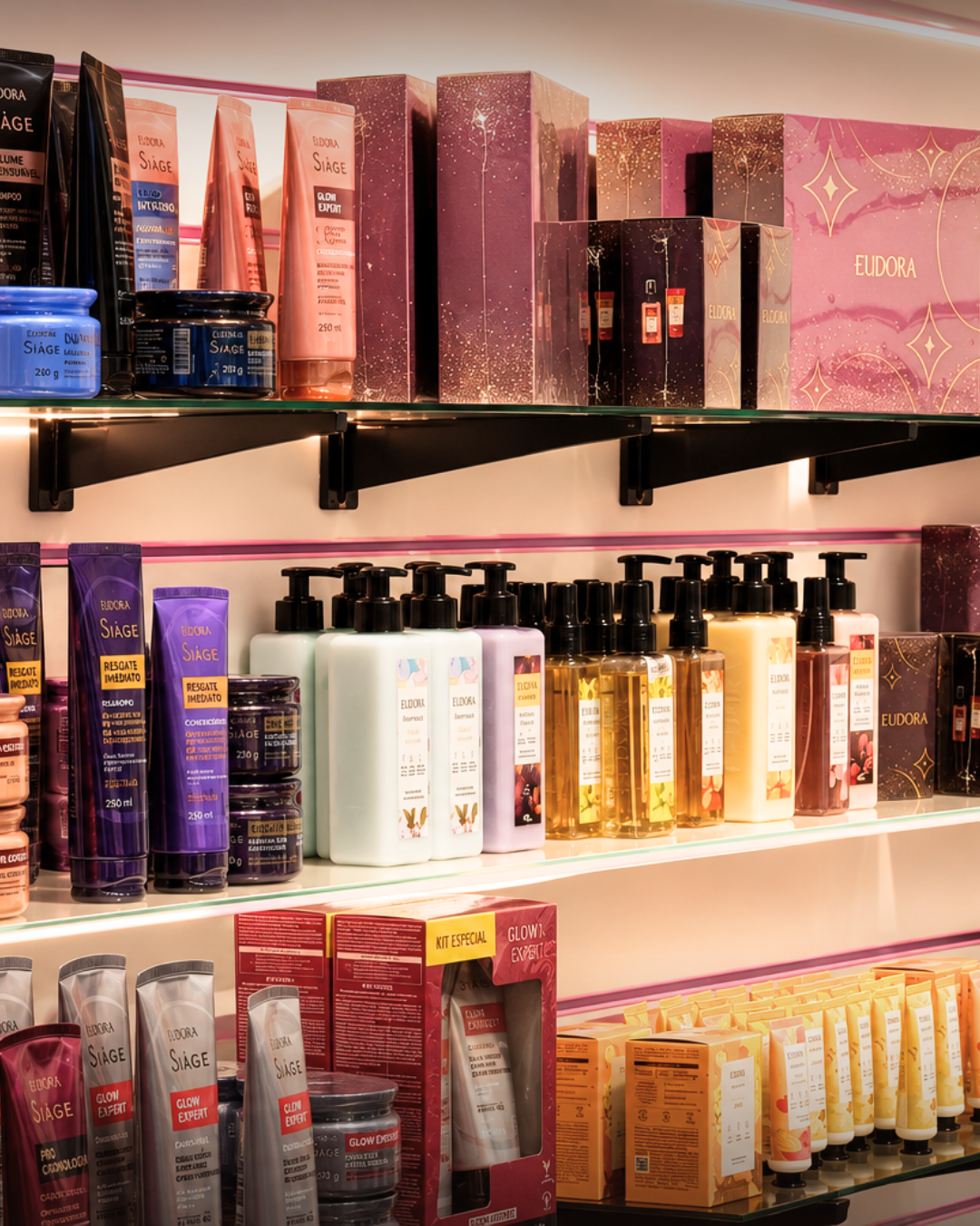 Prateleiras com kits de cuidados, cabelo e corpo