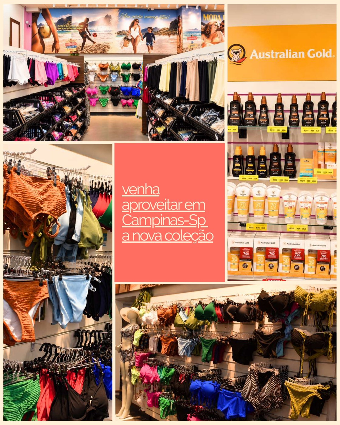 Setor de moda praia e protetores Australian Gold na loja