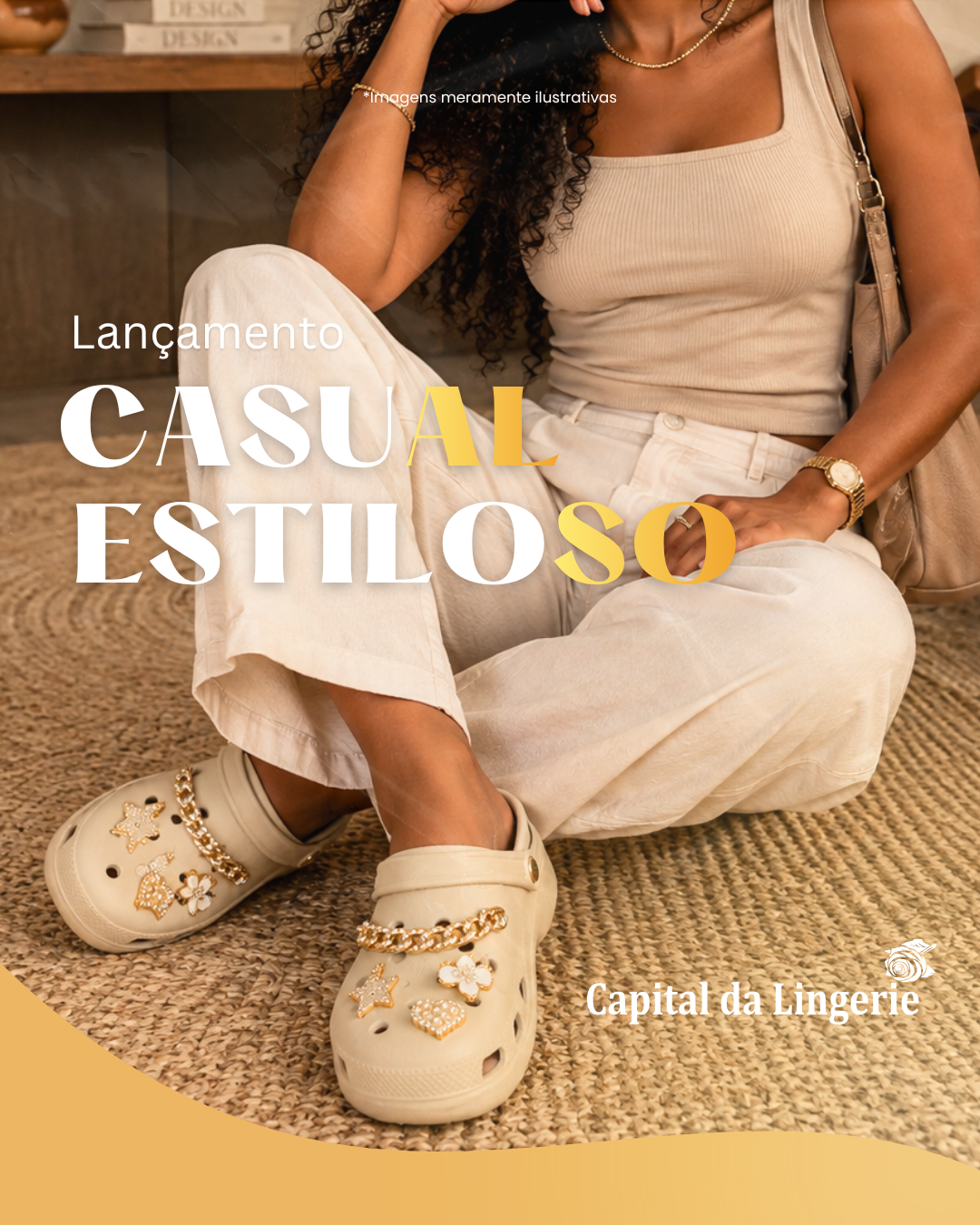 Lançamento casual e estiloso com enfeites dourados